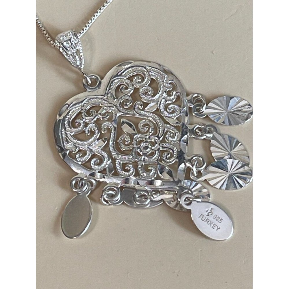 Valentine Dangling Heart Sterling Filigree Necklace 925 Turkey 16" - Picture 6 of 15